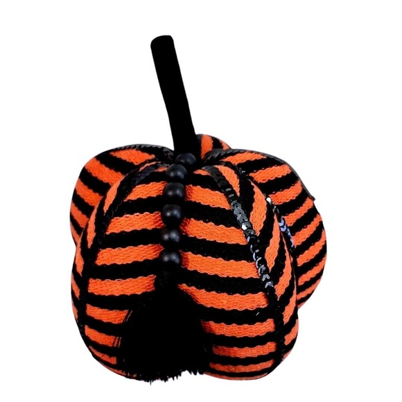 Unbranded Other - Orange Black Striped Fabric Pumpkin Halloween Decor Sequin Beaded Tassel Accent